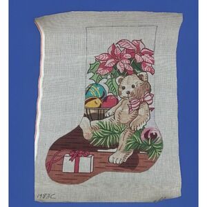 Ellie Hand Painted Needlepoint Canvas * Christmas Stocking Poinsettia Bear Plush